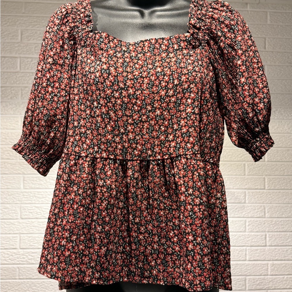 LOFT Black and Red Puff Sleeve Blouse